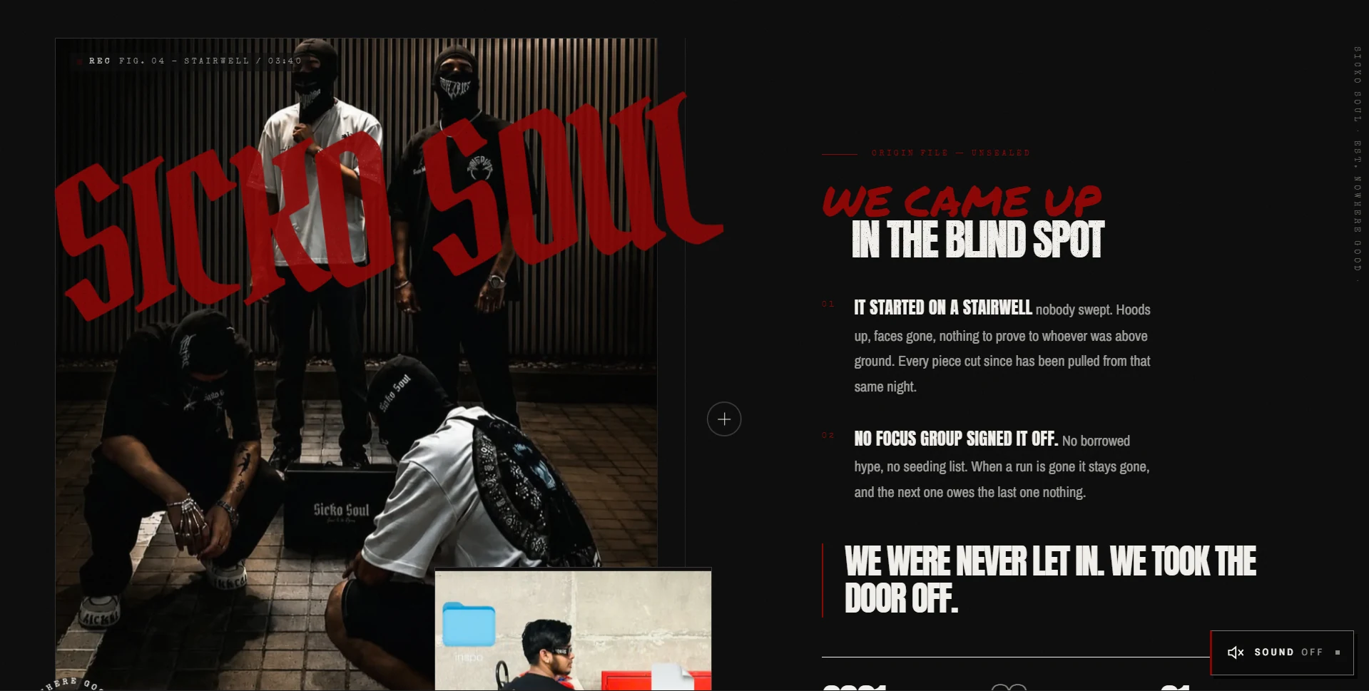 Sicko Soul website showing the streetwear brand, photographic editorial hero, and dark graphic typography