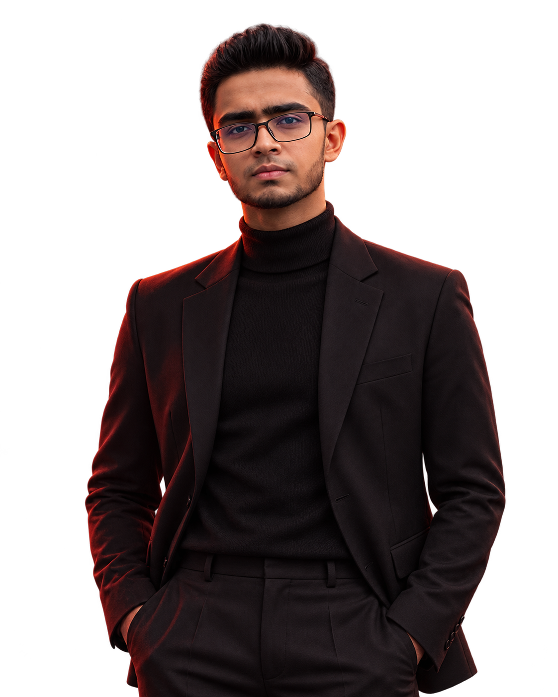 Shajedul Kabir Rafi wearing a black suit and glasses, facing forward